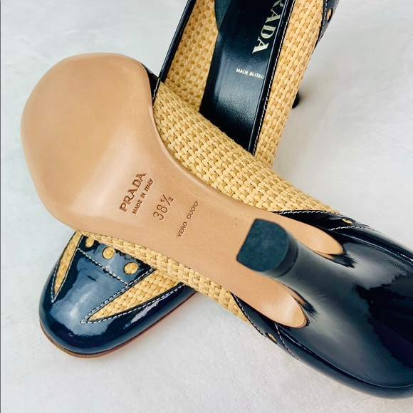 PRADA Straw black p leather high heel Sz 8 / 38.5 - Picture 9 of 16